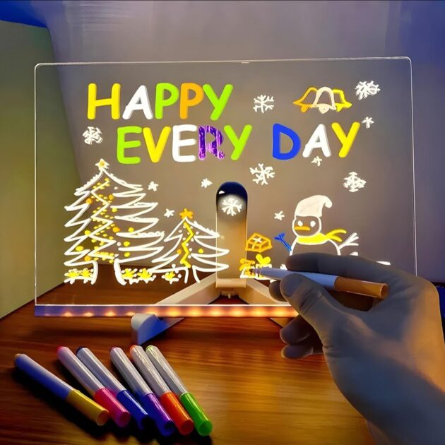 Tableau mémo LED lumineux avec stylo 7 couleurs et support